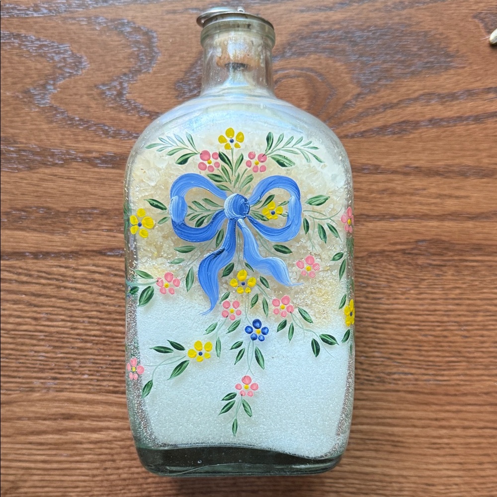 Vintage Hand-Painted Portuguese Glass Decanter with Cork & Silver Top